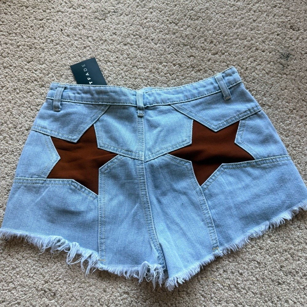 Vintage Light Blue Jean Shorts with Brown Star Patches